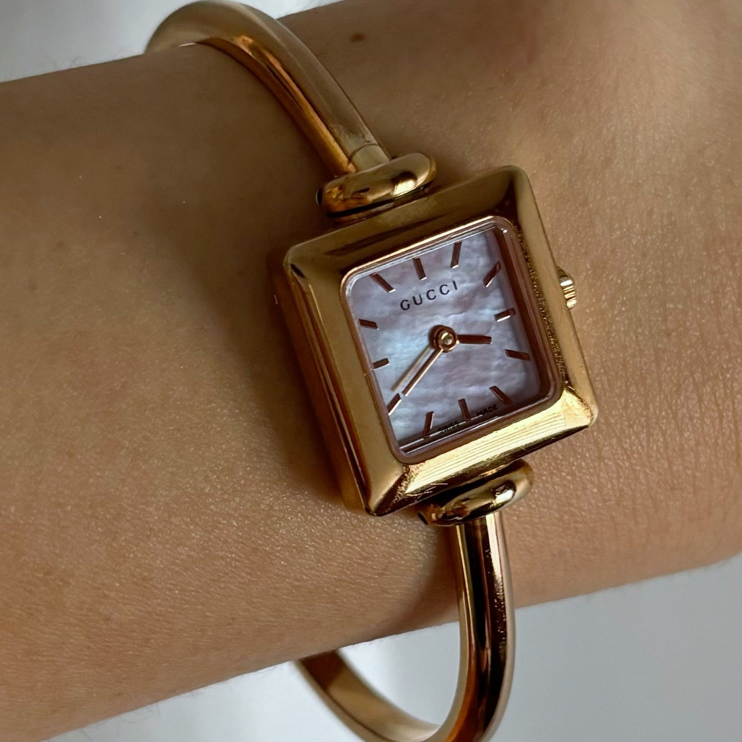 Gucci 1990s Seashell Dial Gold Plated Bangle Watch