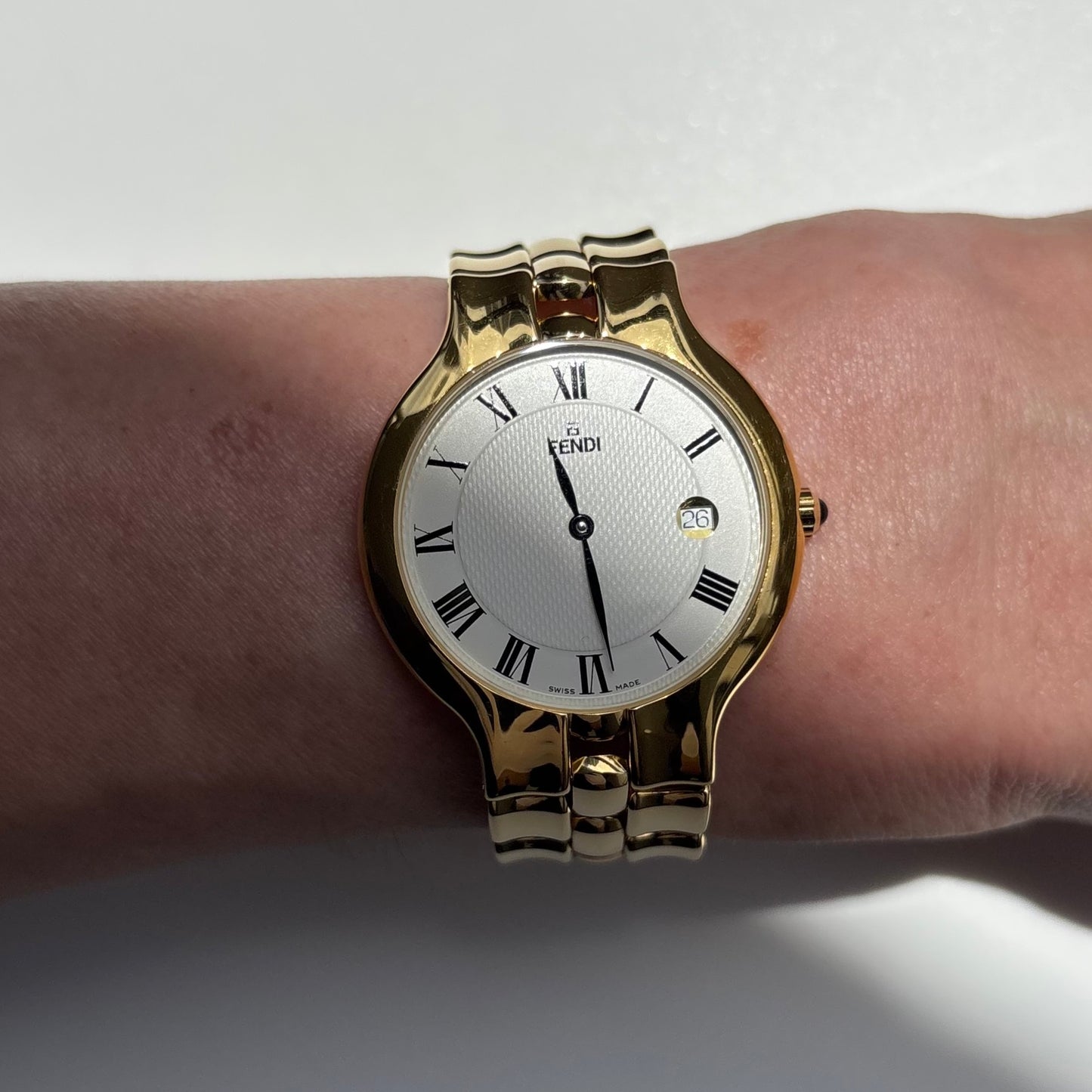 Fendi 1990s Date Round Dial Gold Plated Watch (Large)