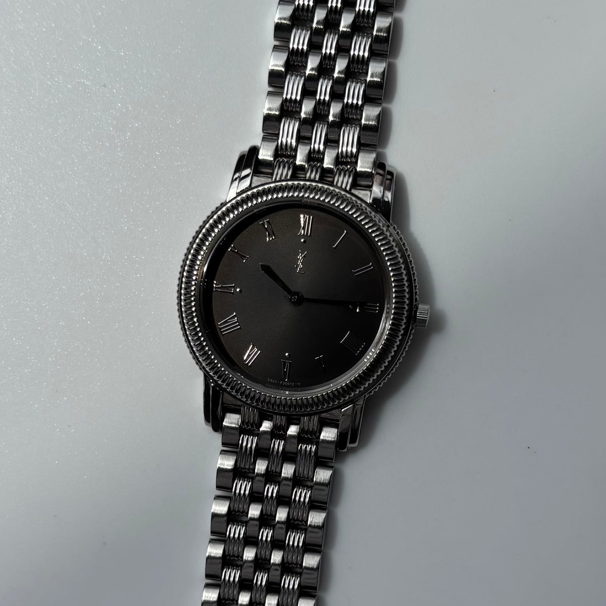 Yves Saint Laurent 1990s Dark Gray Round Dial Stainless Steel Watch