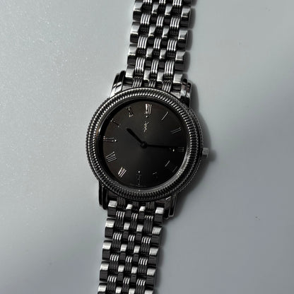 Yves Saint Laurent 1990s Dark Gray Round Dial Stainless Steel Watch