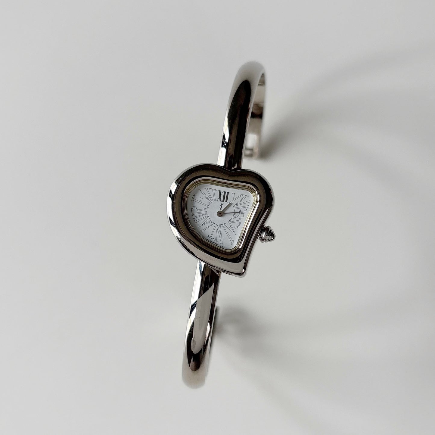 Yves Saint Laurent 1990s Heart Shaped Dial Silver Bangle Watch