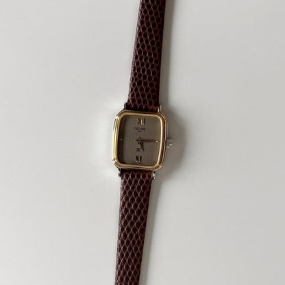 Celine 1980s Rectangular Dial Two Tone Watch