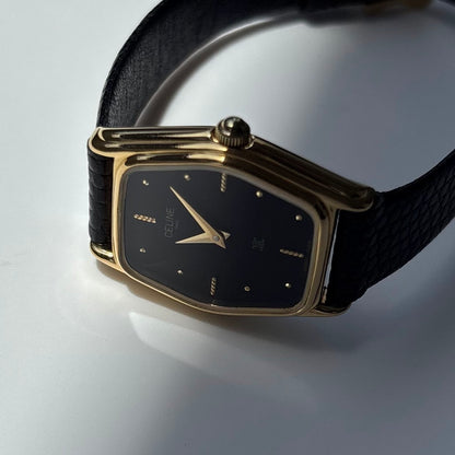 Celine 1980s Black Dial Gold Plated Watch
