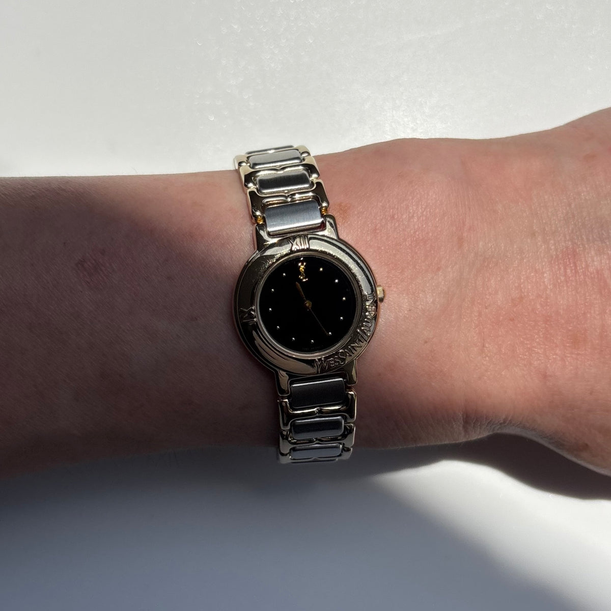 Yves Saint Laurent 1990s Black Round Dial Two Tone Gold Plated Watch