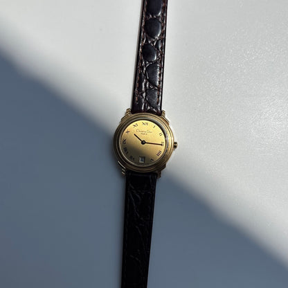 Dior 1990s Date Gold Round Dial Gold Plated Watch