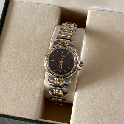 Gucci 1990s Date Black Round Dial Two-Tone Gold-Plated Watch
