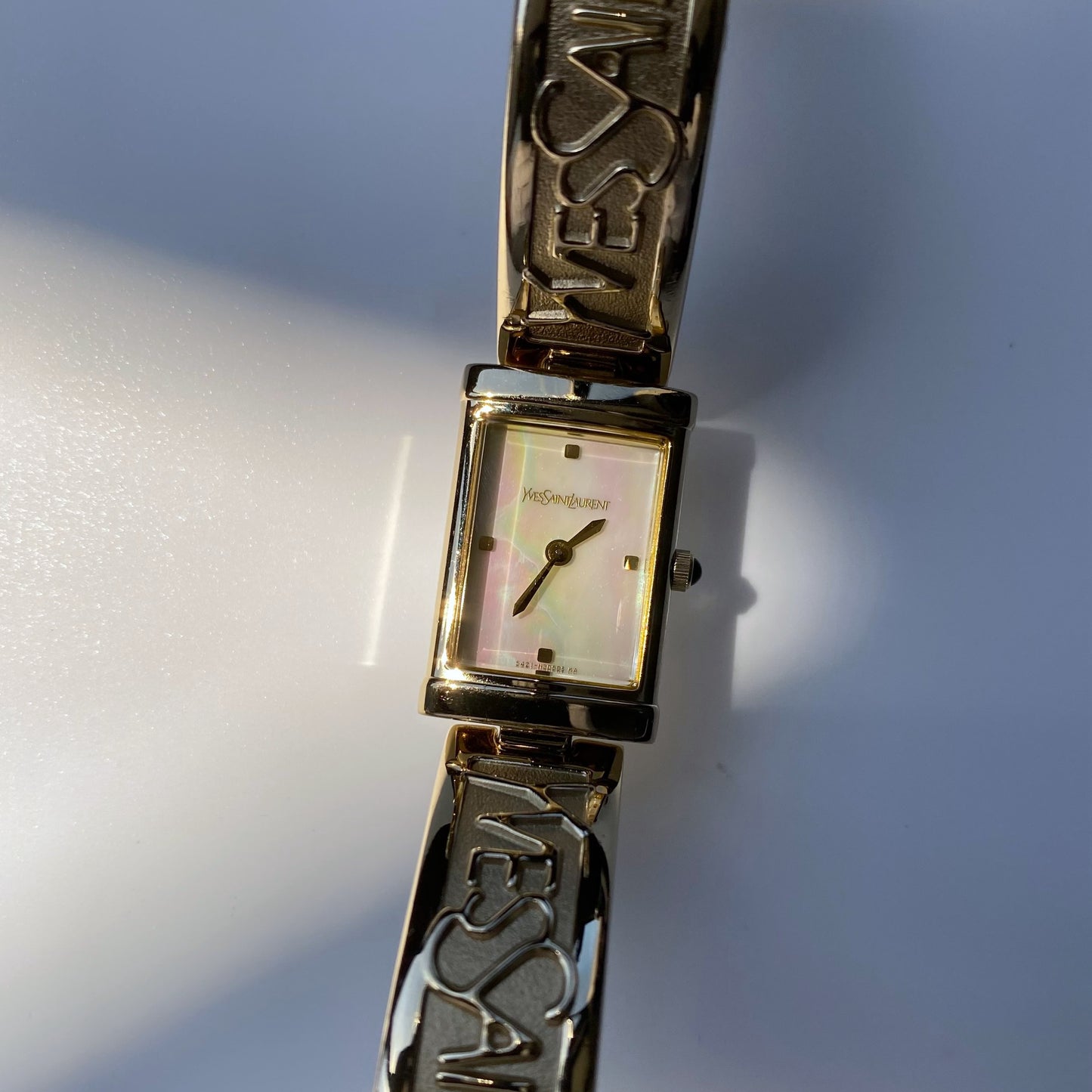 Yves Saint Laurent 1990s Seashell Dial Gold Plated Bangle Watch