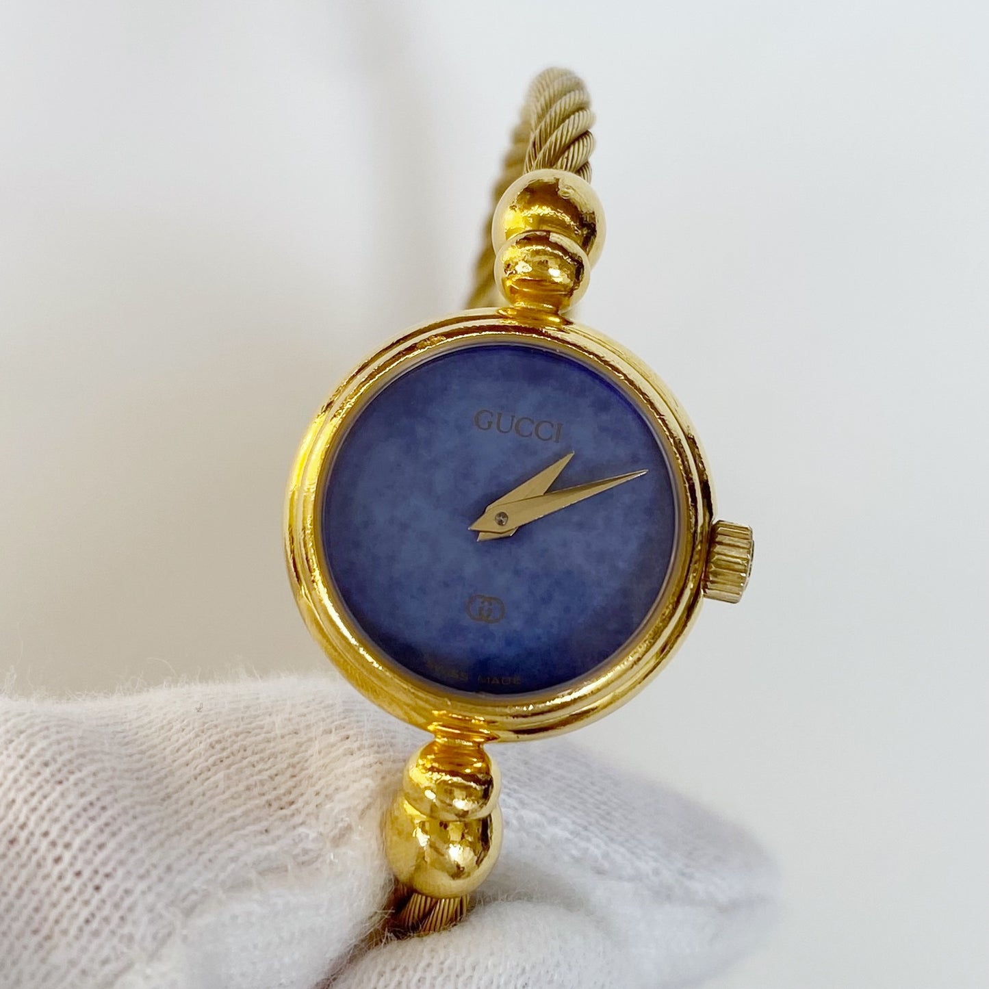 Gucci 1990s Blue Dial Gold Plated Cable Bangle Watch