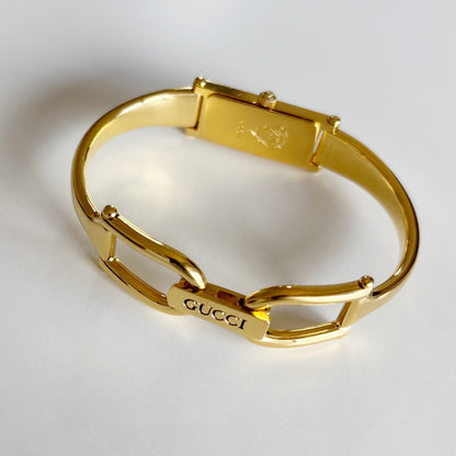 Gucci 1990s Rectangular Seashell Dial Gold Plated Bangle Watch