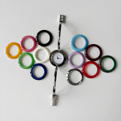 Gucci 1990s Interchangeable Bezel Stainless steel Bangle Watch with 12 bezels, case (Small)