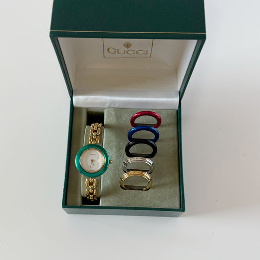 Gucci 1990s Interchangeable Bezel Gold Plated Rice Chain Watch with 6 bezels, case (160mm) (8/30)
