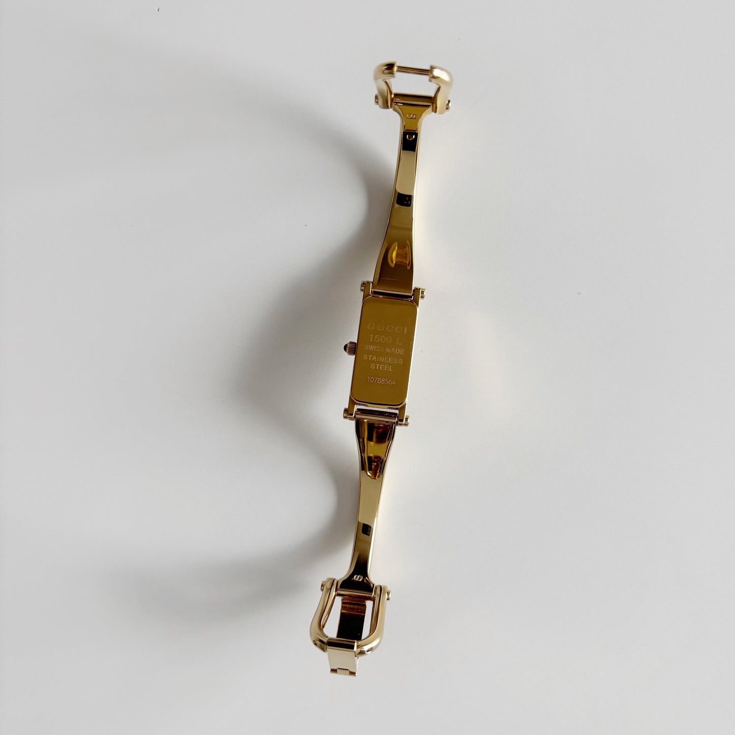 Gucci 1990s Seashell Rectangular Dial Gold Plated Bangle Watch (Small)