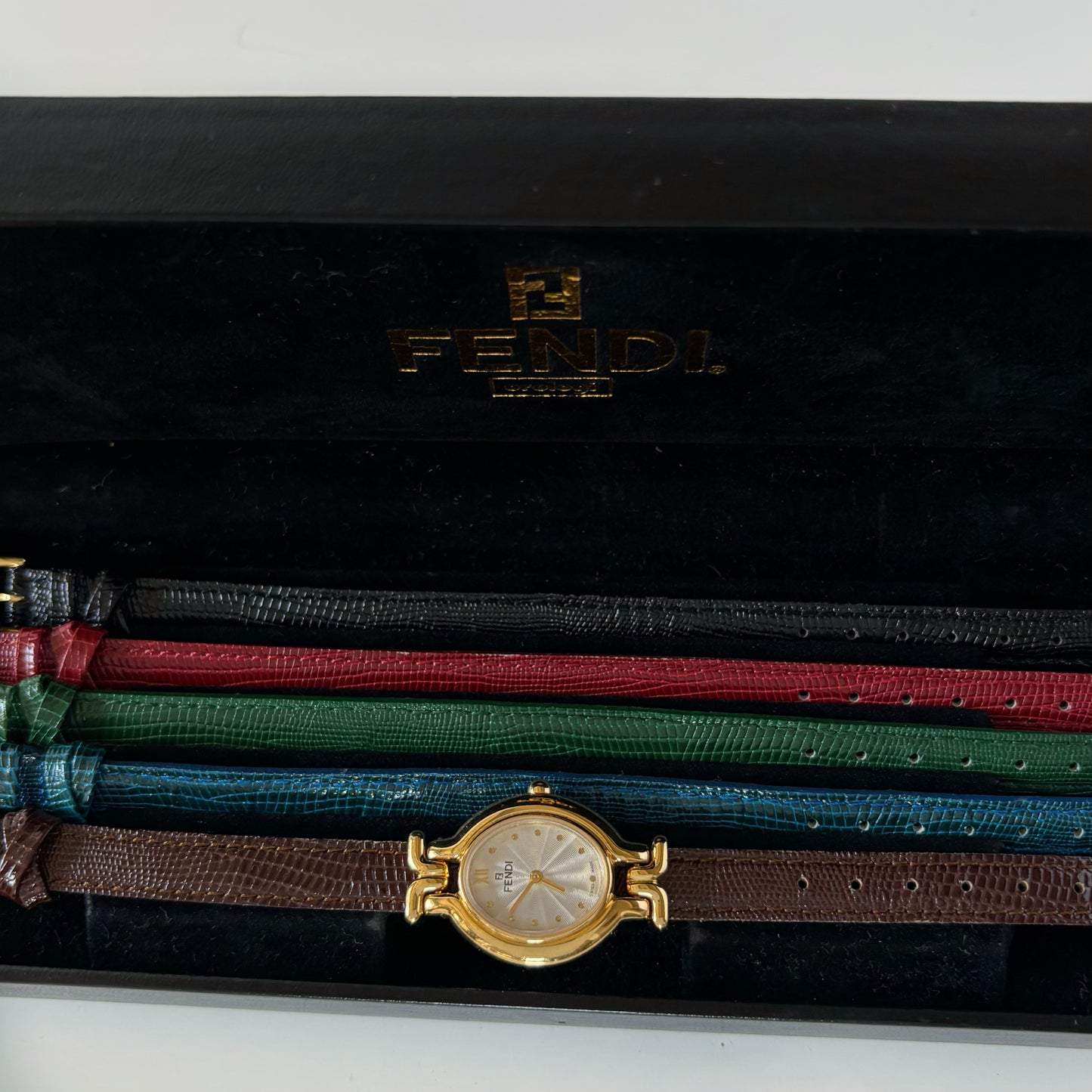 Fendi 1990s Interchangeable Belt Gold Plated Watch with 5 straps, case