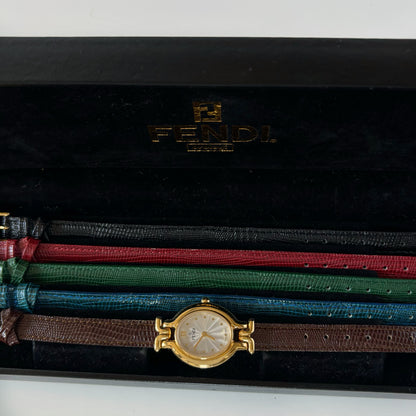 Fendi 1990s Interchangeable Belt Gold Plated Watch with 5 straps, case