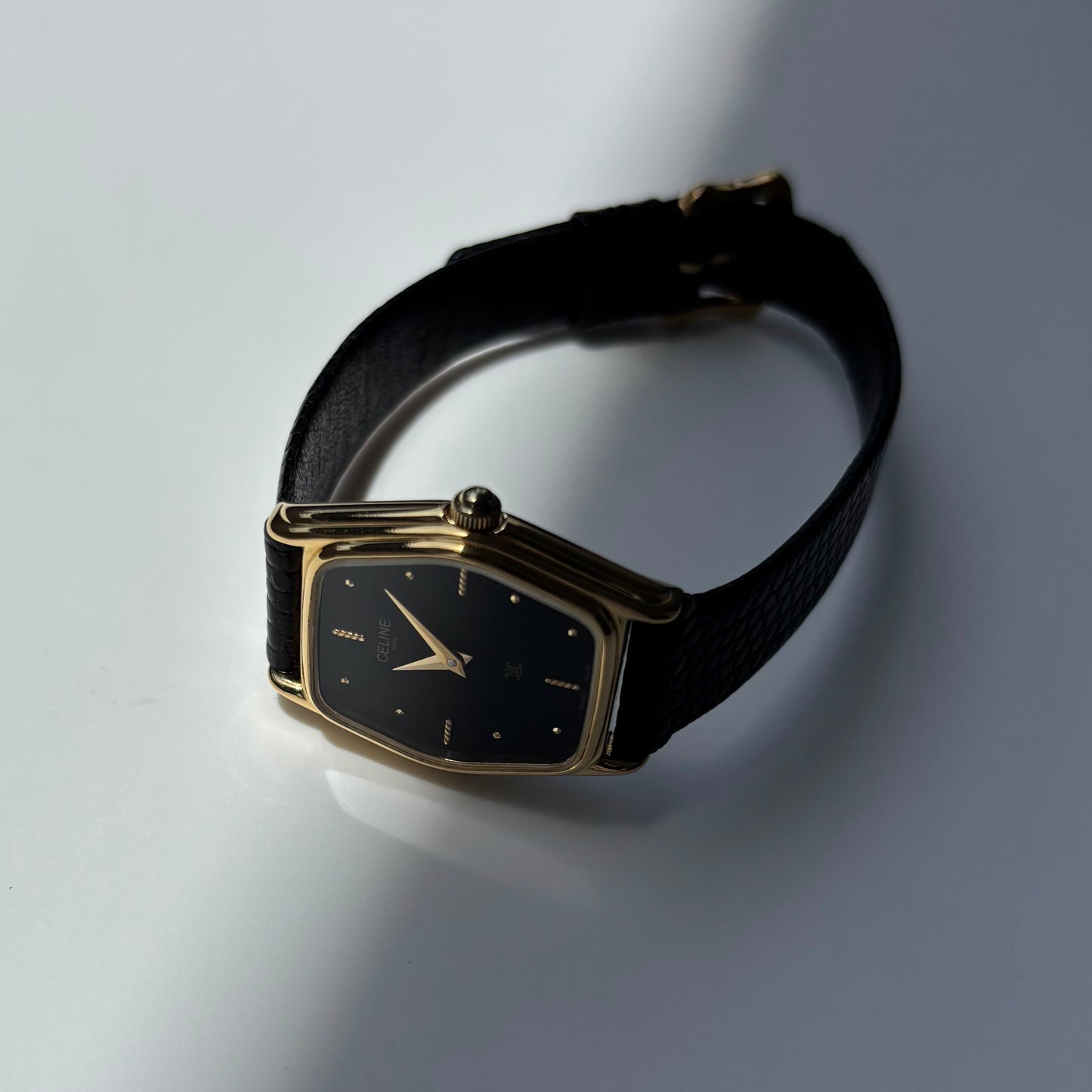 Celine 1980s Black Dial Gold Plated Watch