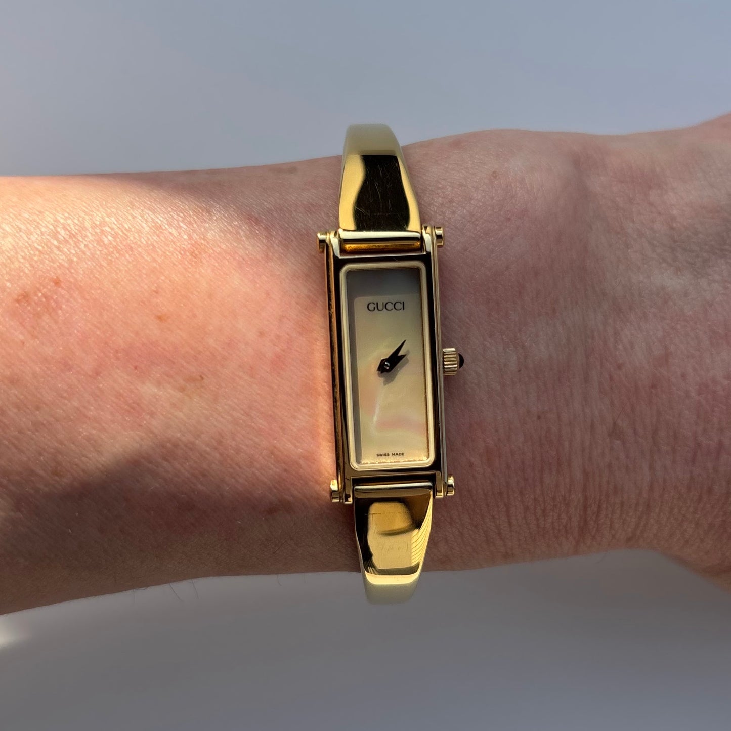 Gucci 1990s Seashell Dial Rectangular Gold Plated Bangle Watch