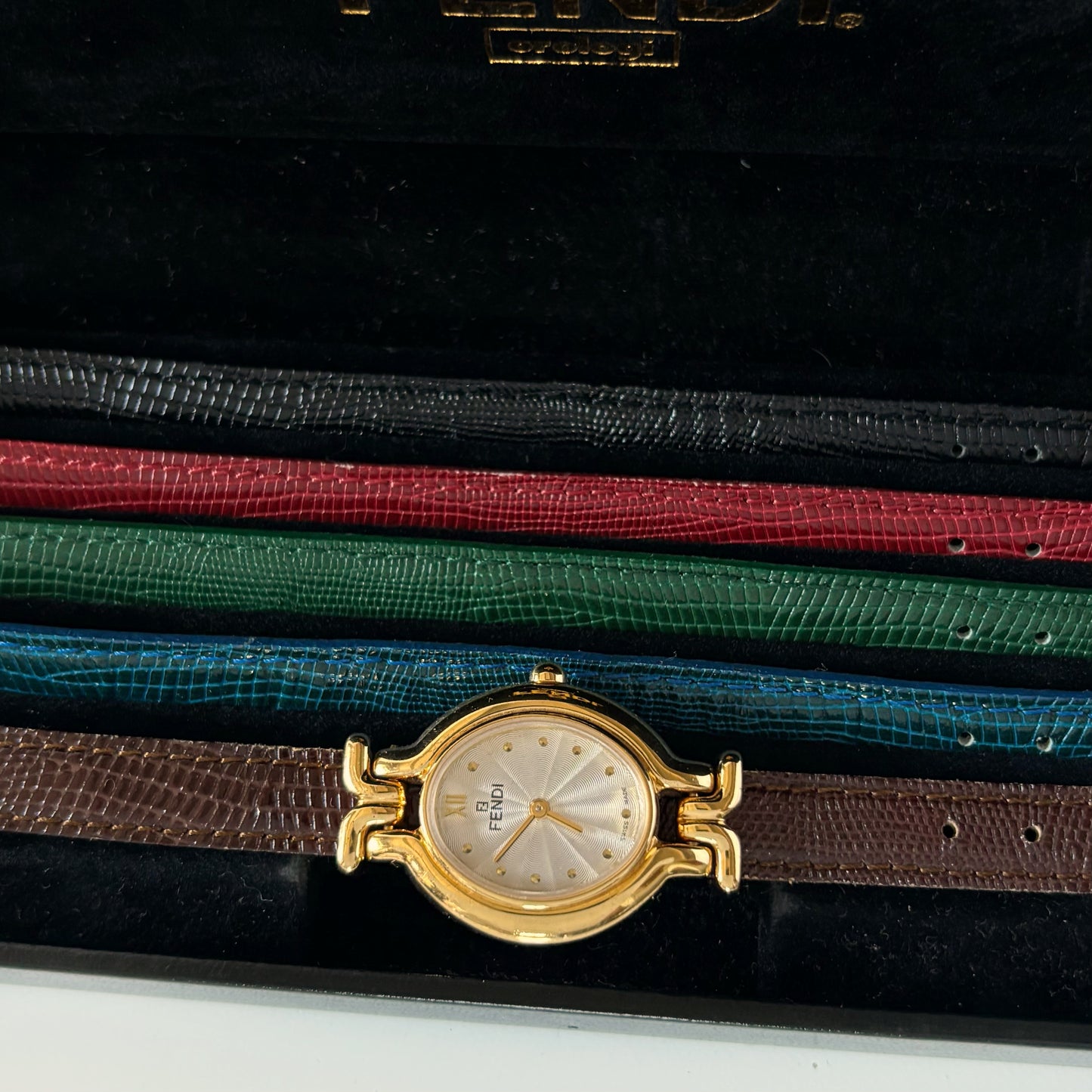 Fendi 1990s Interchangeable Belt Gold Plated Watch with 5 straps, case
