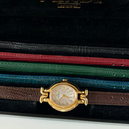 Fendi 1990s Interchangeable Belt Gold Plated Watch with 5 straps, case