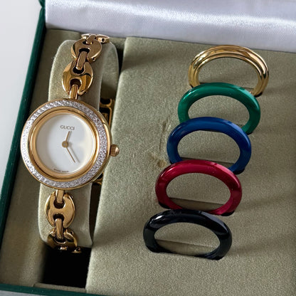 Gucci 1990s Interchangeable Bezel Gold Plated Watch with 6 bezels, case (167mm)