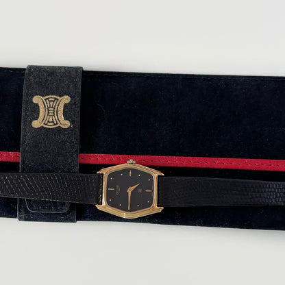 Celine 1980s Black Dial Gold Plated Watch