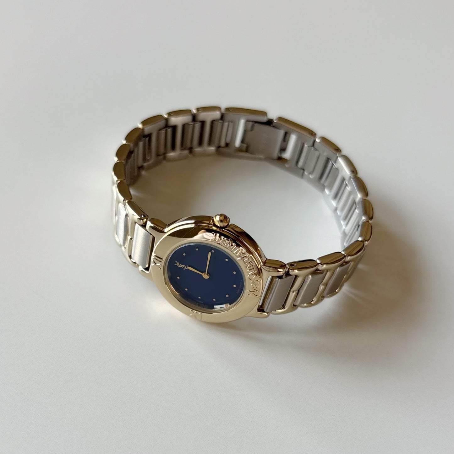 Yves Saint Laurent 1990s Navy Round Dial Two Tone Gold Plated Watch