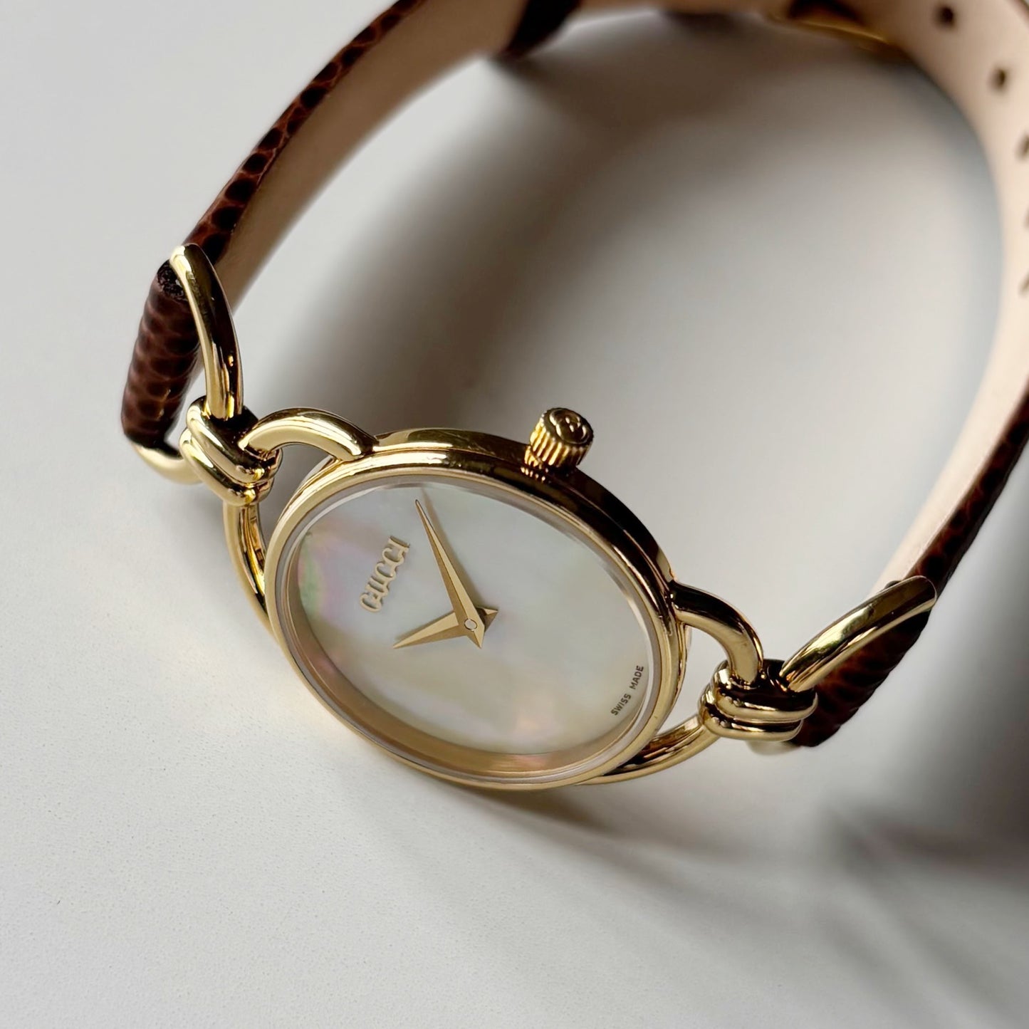 Gucci 1990s Seashell Dial Gold Plated Horsebit Gold Plated Watch