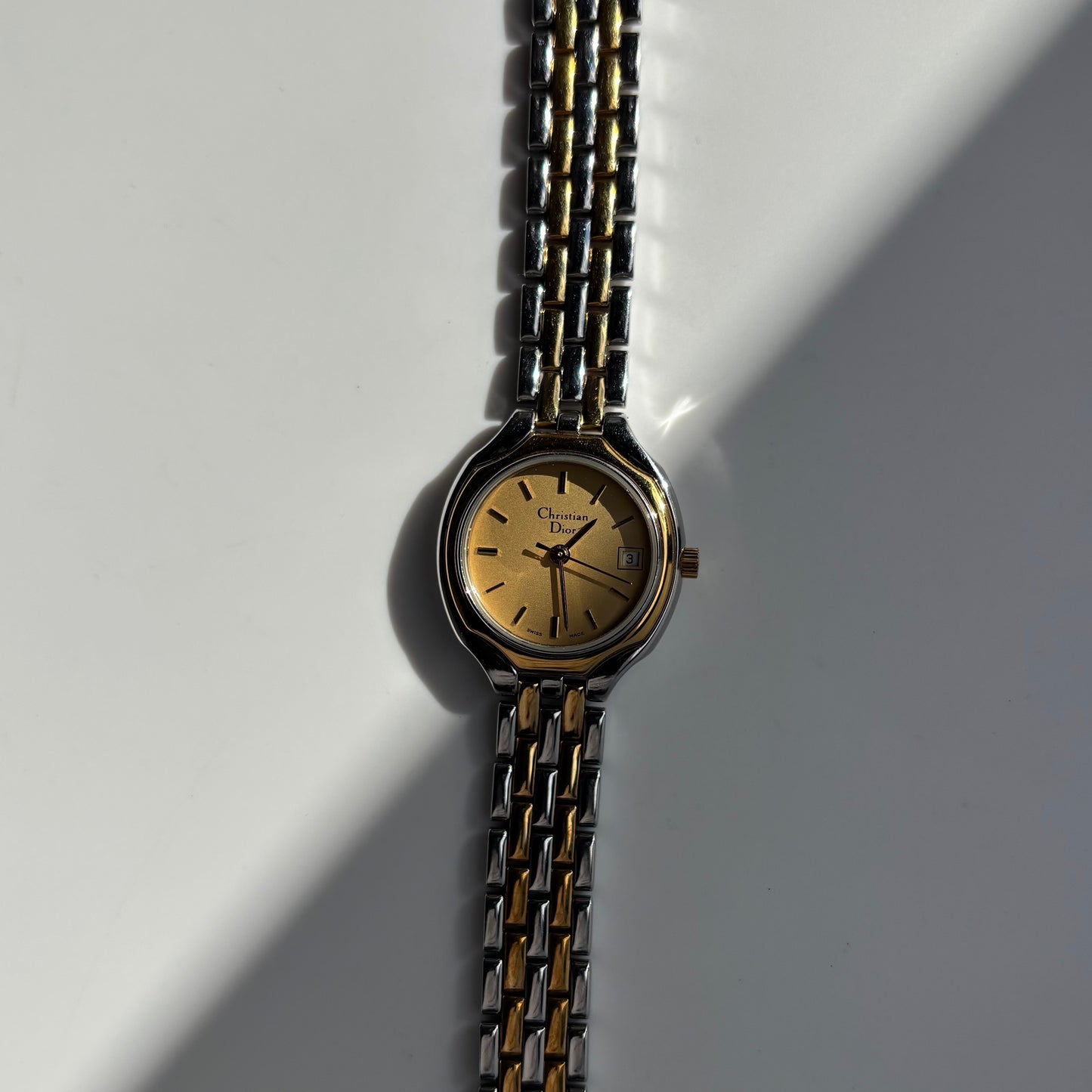 Dior 1990s Date Round Dial Two Tone Gold Plated Watch