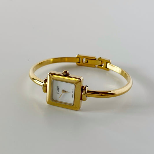 Gucci 1990s Square Dial Gold Plated Bangle Watch
