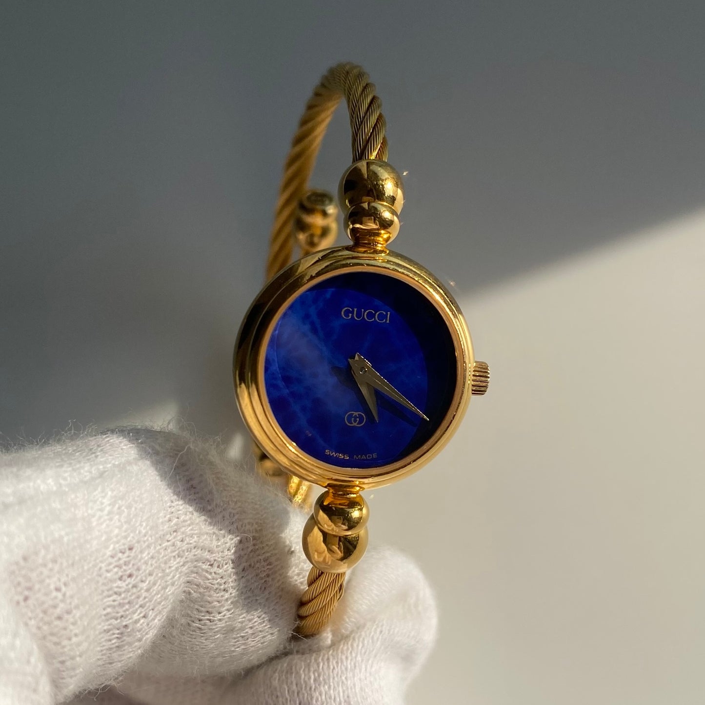 Gucci 1990s Blue Dial Gold Plated Cable Bangle Watch