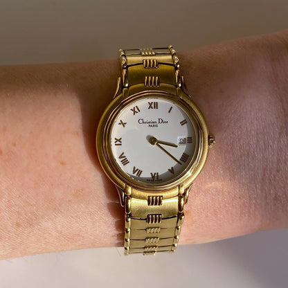 Dior Early 1990s Date Gold Plated Round Watch