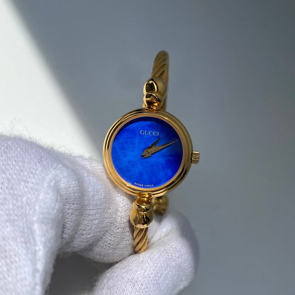 Gucci 1990s Blue Dial Gold Plated Cable Bangle Watch