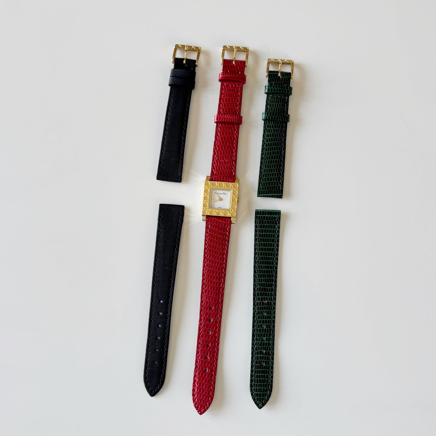 Dior 1990s La Parisienne Interchangeable Strap Square Dial Gold Plated Watch with 3 straps, case