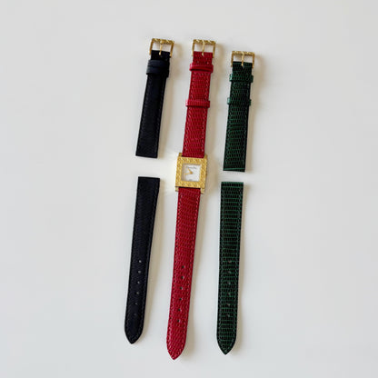 Dior 1990s La Parisienne Interchangeable Strap Square Dial Gold Plated Watch with 3 straps, case
