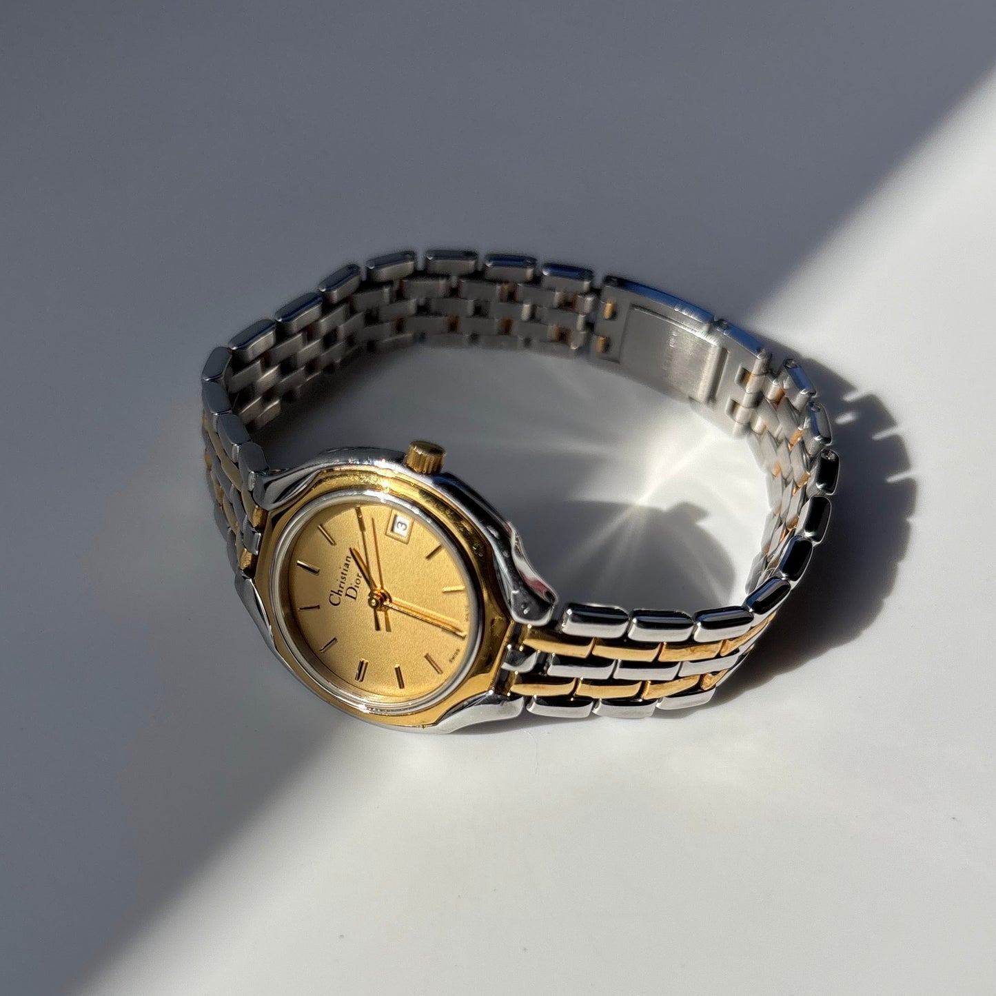 Dior 1990s Date Round Dial Two Tone Gold Plated Watch