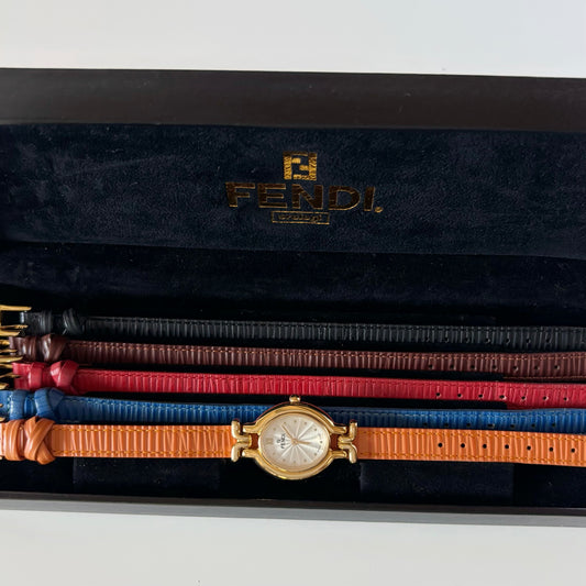 Fendi 1990s Interchangeable Strap Gold-Plated Watch with Five Straps and Case