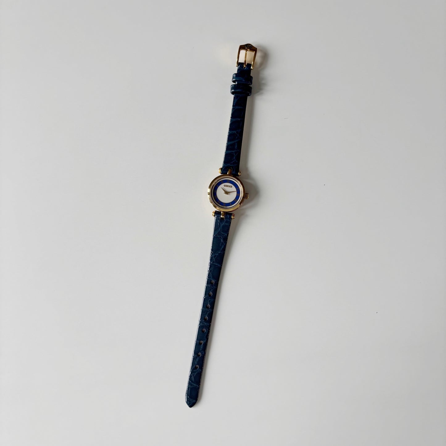 Gucci 1990s Blue Round Dial Gold Plated Watch