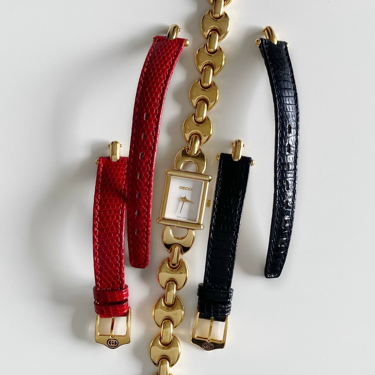 Gucci 1990s Interchangeable Belt Gold Plated Watch with 3 straps, case