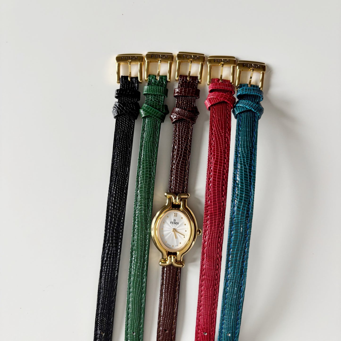 Fendi 1990s Interchangeable Strap Gold Plated Watch with 5 straps, case