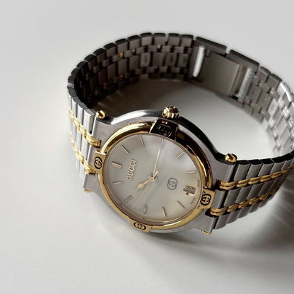 Gucci 1990s Date Round Dial Gold Plated Two Tone Watch (Large)