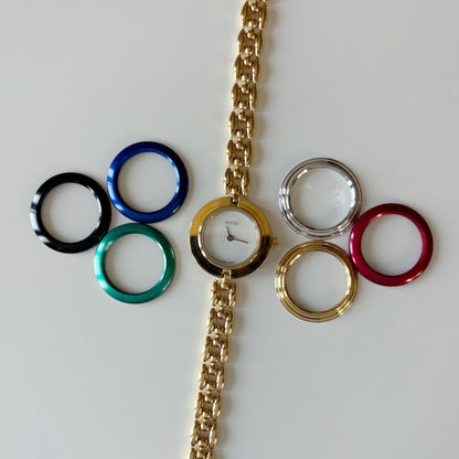 Gucci 1990s Interchangeable Bezel Gold Plated Rice Chain Watch with case, 6 bezels (160mm)