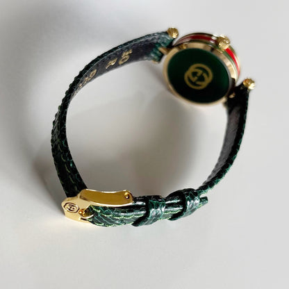 Gucci 1990s Round Dial Green Gold Plated Watch