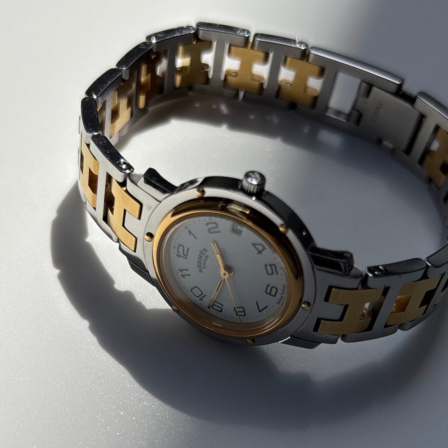 Hermes Early 2000s Clipper White Round Dial Two Tone Watch