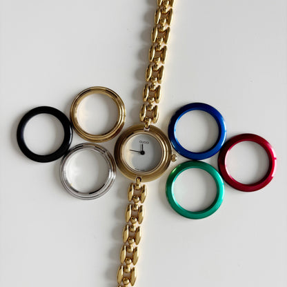 Gucci 1990s Interchangeable Bezel Gold Plated Watch with 6 bezels, case (162mm)