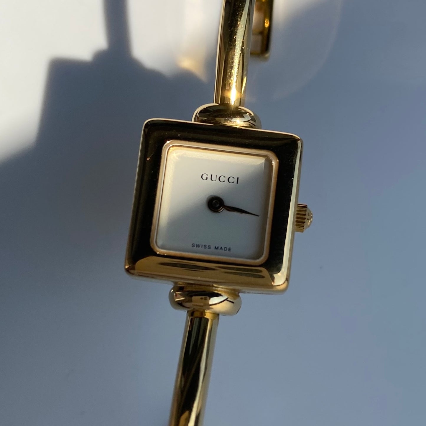 Gucci 1990s Square Dial Gold Plated Bangle Watch