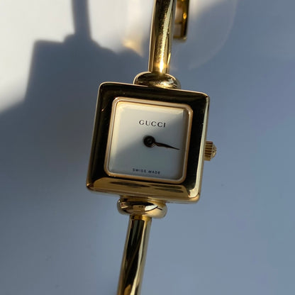 Gucci 1990s Square Dial Gold Plated Bangle Watch