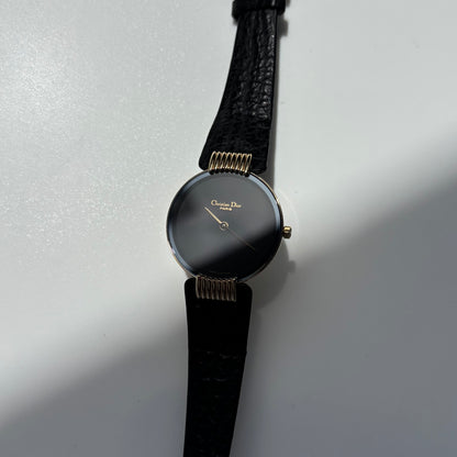 Dior 1990s Black Round Dial Gold Plated Watch