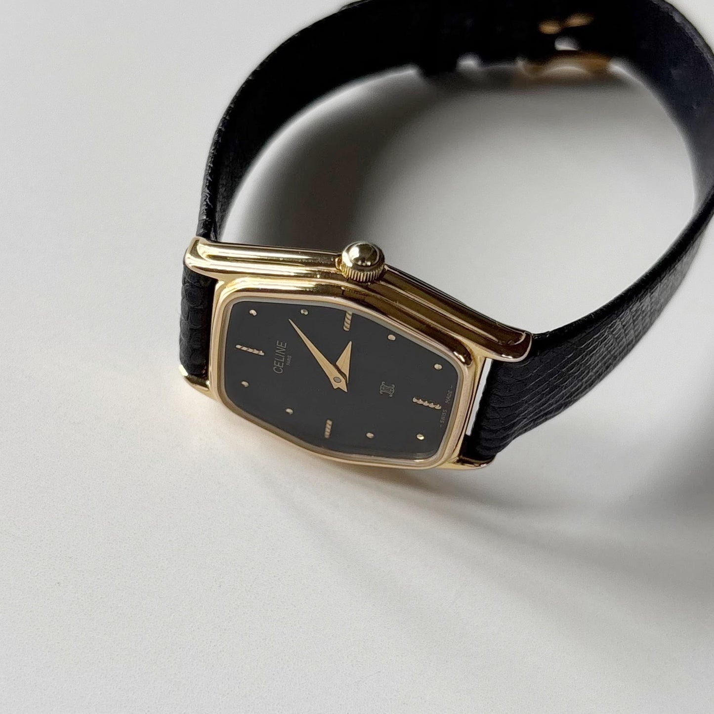 Celine 1980s Black Dial Gold Plated Watch