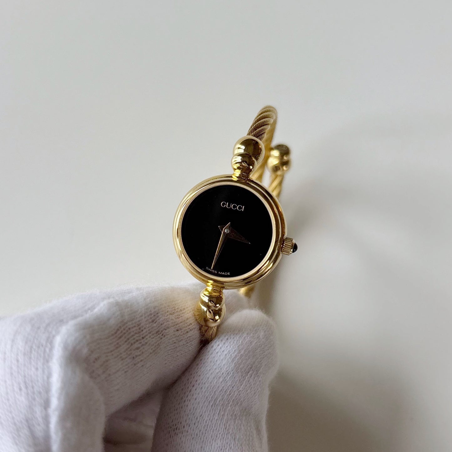 Gucci 1990s Black Dial Gold Plated Cable Bangle Watch