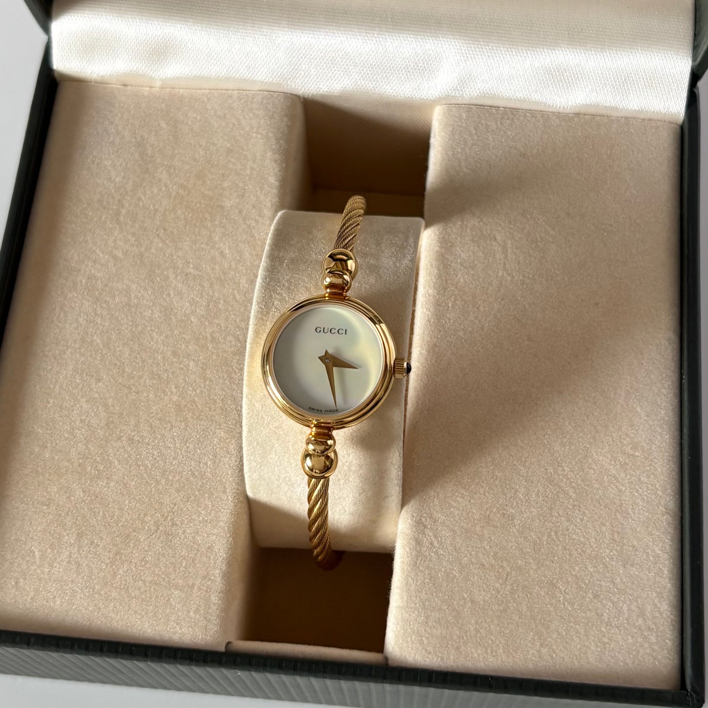 Gucci 1990s Seashell Dial Gold Plated Cable Bangle Watch