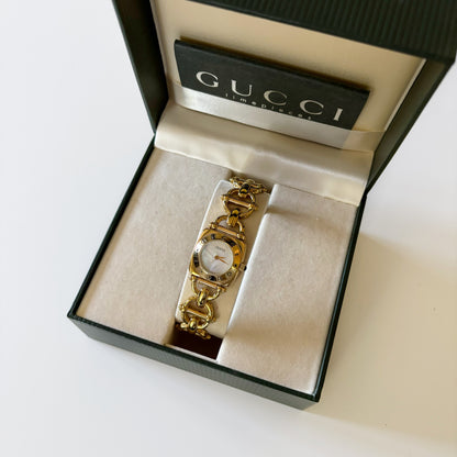 Gucci 1990s Seashell Dial Gold Plated Horsebit Watch